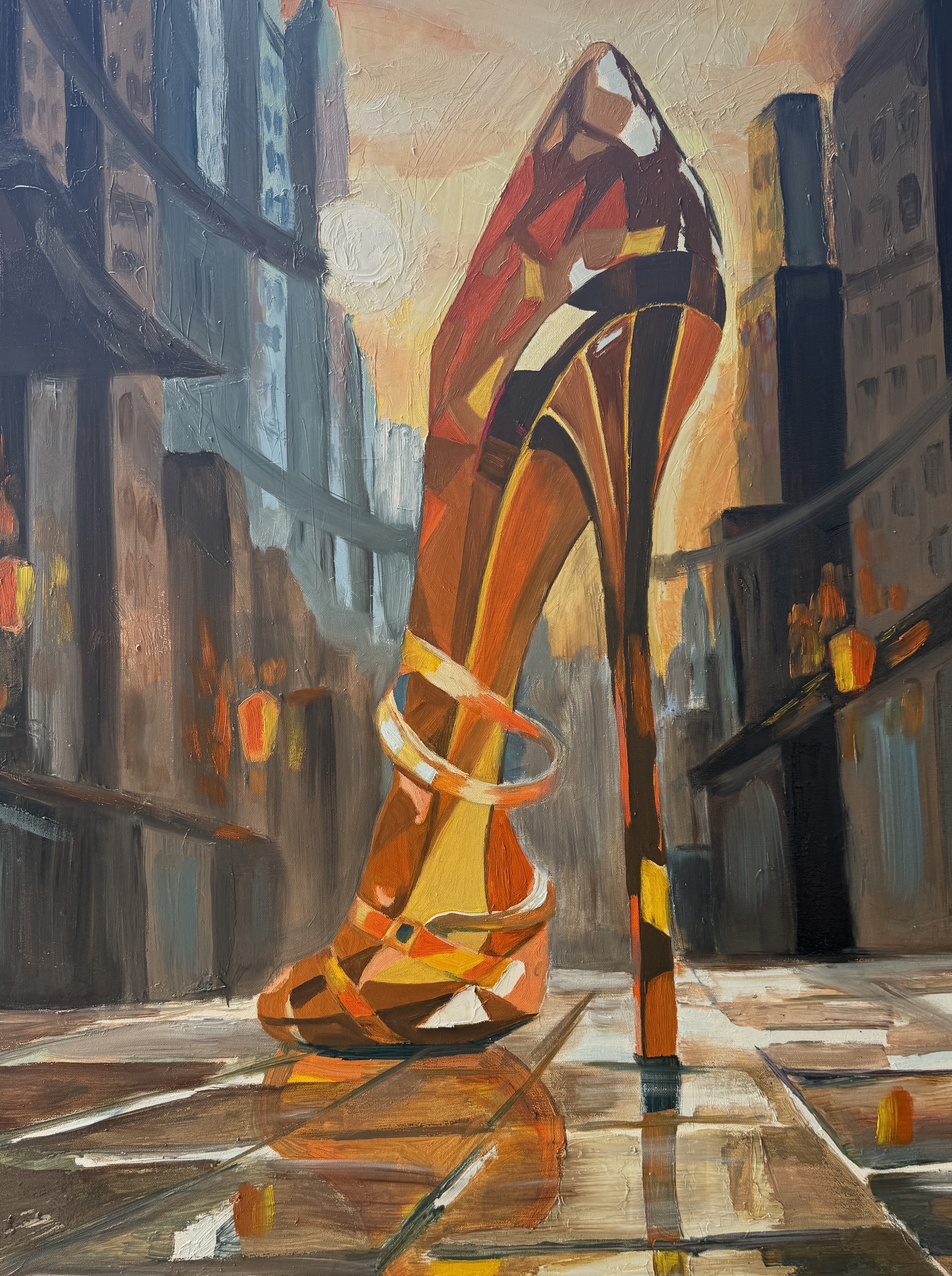 Original oil painting of an oversized geometric high heel in a city street