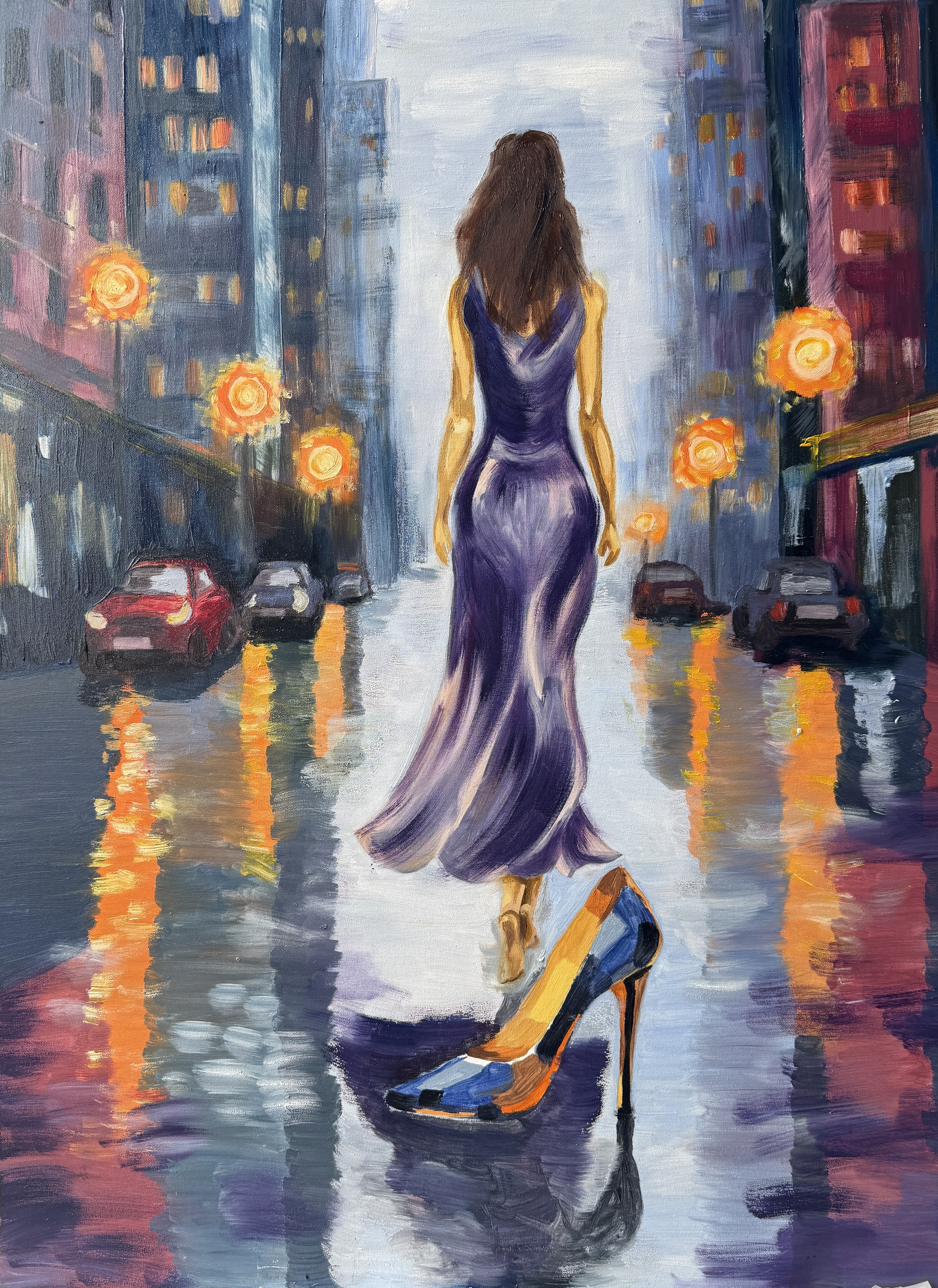 Original oil painting of a woman in a purple dress on a rain-lit city street, with a high heel in the foreground